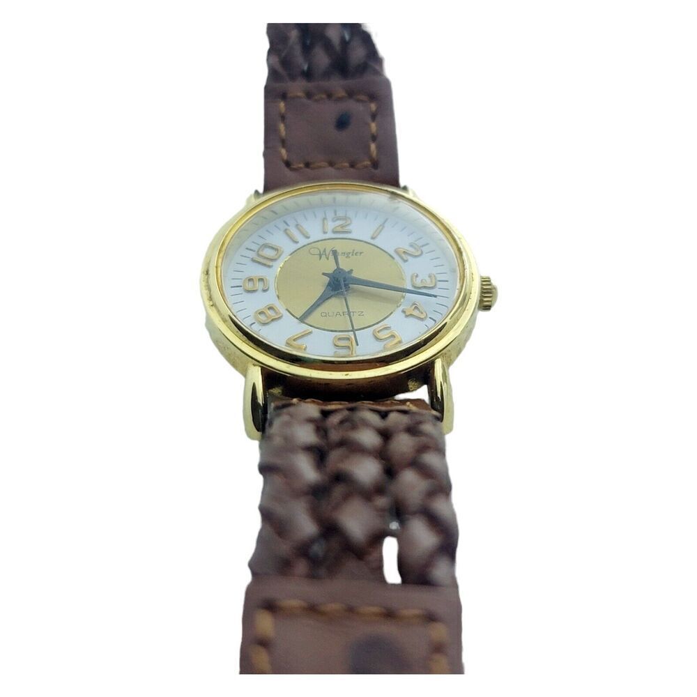 Vintage Ladies WRANGLER Gold Tone Brown Leather Casual Watch New Battery - Picture 3 of 5